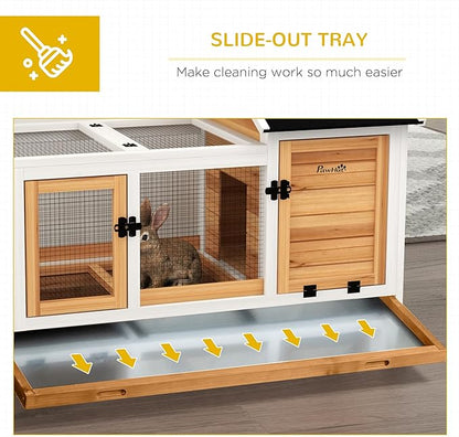 PawHut Indoor Outdoor Wooden Rabbit Hutch with Wheels, Large Bunny Hutch with Run & Slide-Out Tray for Small Animals, Guinea Pig, Yellow