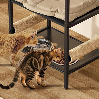4in1 Cat Furniture Stand with Cat Scratching Post, Cat Food Bowls, Cats Bed Platform, Cats Food Storage Organizer, All in One Pet Furniture for Small Space (Metal, Black)