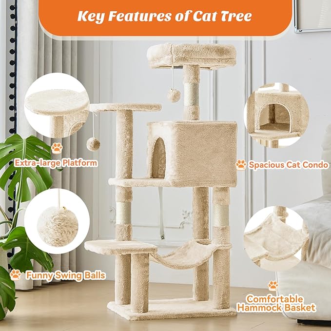 Sweetcrispy 44 inch Cat Tree Tower, Multi-Cat Climbing Tower with Condo, Natural Sisal Scratching Posts, Extended Platform, Hammock, Pet House for Indoor Cats and Kittens Play, Beige