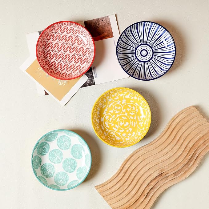 Selamica Ceramic Cat Food Bowl Set of 4, 5.6 Inch Wide Shallow Cat Bowls/Dishes for Food and Water, Assorted Colors