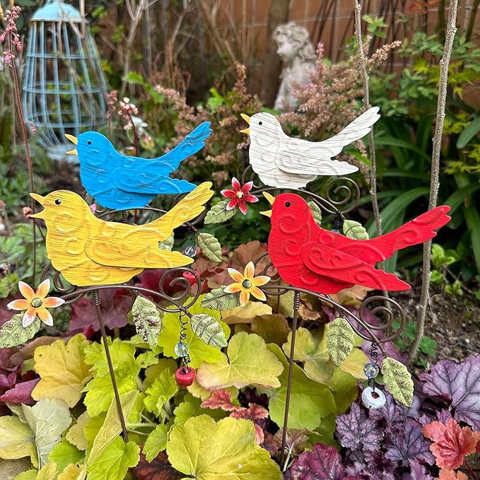 KEDONCHEN.4 Pack Metal Bird Decorative Garden Stakes, Spring Garden Decor,Indoor Outdoor Lawn Pathway Patio Ornaments, 14.2 Inch Outdoor Metal Garden Decor Shaking Head Yard Art …