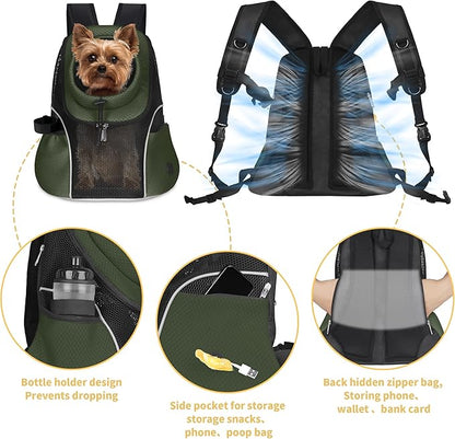 WOYYHO Pet Dog Carrier Backpack Small Dog Front Backpack Ventilated Mesh Dog Travel Back Pack with Safety Belt for Travel Hiking Cycling Outdoor Adventures (Size L: 10-14 lbs, Army Green)