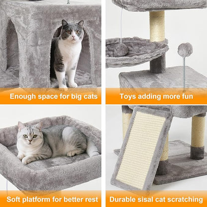 37-inch Cat Tree Tower with Multi-Level Cat Condo, Scratching Posts,2-Door Cat Cave,Light Grey