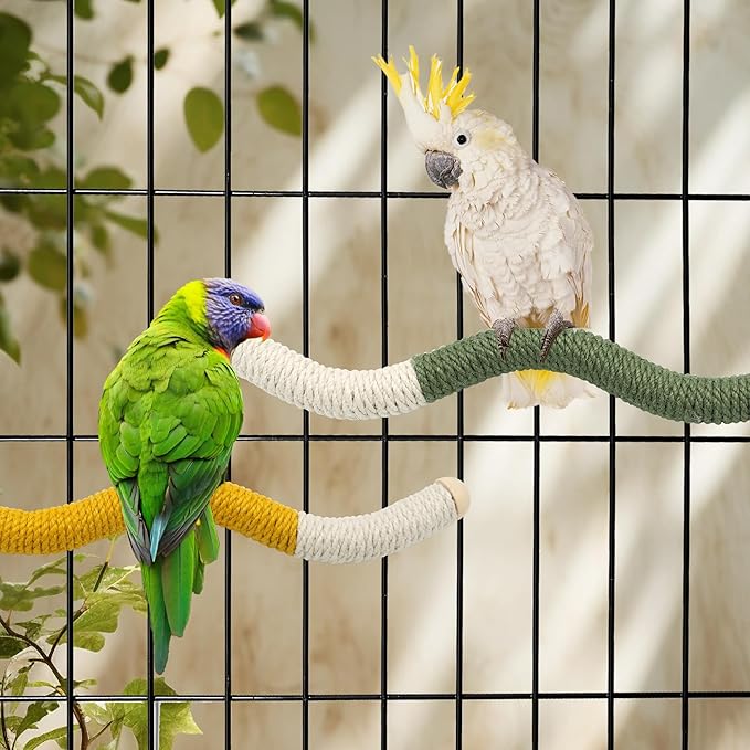 11 x 0.9 inch Bird Perch Parrot Stand Cage Accessories Natural Wooden Stick Paw Grinding Rope-surfaced Chew Toy Standing Rod for Exercise Training Branches (Curved-Yellow+Green)
