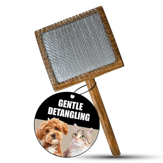 Tauro Pro Line Wooden Deshedding Dog Brush for Long Goldendoodle, Labradoodle & Poodle Hair - Brown Slicker Brush for Dog & Cat Grooming - Square Flexible Cushion & Non-Slip Grip, L