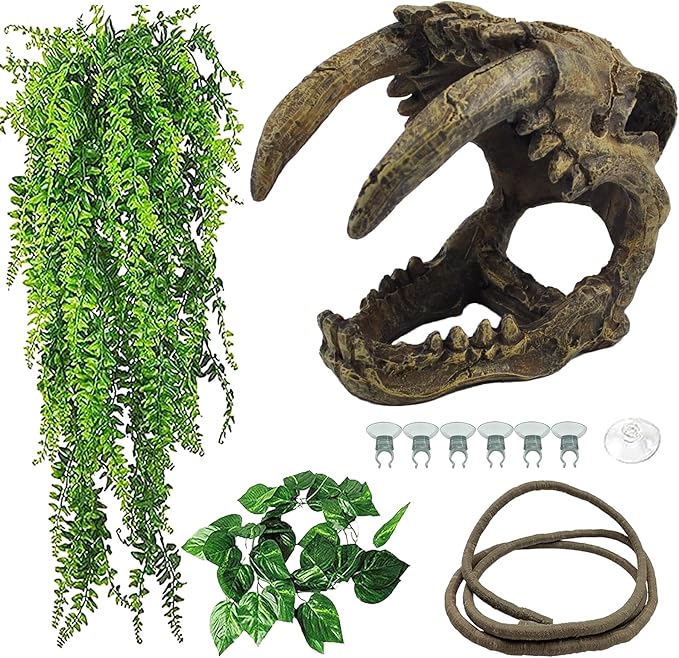 kathson Resin Sabertooth Tiger Skull Bearded Dragon Hideout Skull Reptile Jungle Climbing Vine Flexible Leaves Decor for Small Animals Leopard Gecko Lizard Chameleon Spider