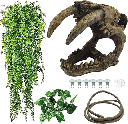 kathson Resin Sabertooth Tiger Skull Bearded Dragon Hideout Skull Reptile Jungle Climbing Vine Flexible Leaves Decor for Small Animals Leopard Gecko Lizard Chameleon Spider