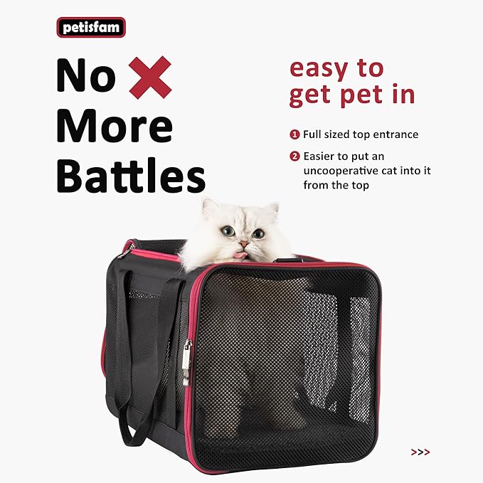 petisfam Top Loading Soft Pet Carrier Bag for Easy Vet Visits with Medium or Large Cats (Large, Black w/Red Trim)