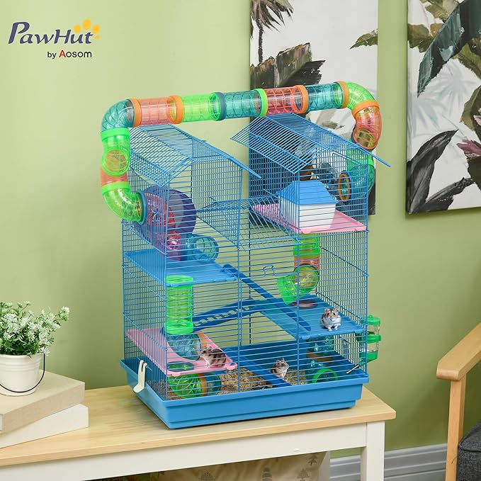 PawHut 18.5" 5 Tier Hamster Cage with Tubes and Tunnels, Small Animal Cage, Rat Gerbil Cage with Water Bottle, Food Dish, Exercise Wheel, Blue