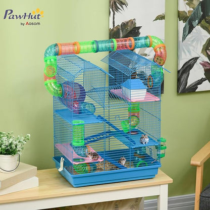 PawHut 18.5" 5 Tier Hamster Cage with Tubes and Tunnels, Small Animal Cage, Rat Gerbil Cage with Water Bottle, Food Dish, Exercise Wheel, Blue
