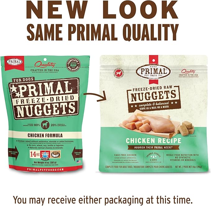 Primal Freeze Dried Dog Food Nuggets, Chicken; Complete & Balanced Meal; Also Use as Topper or Treat; Premium, Healthy, Grain Free, High Protein Raw Dog Food, 14 oz (Pack of 2)