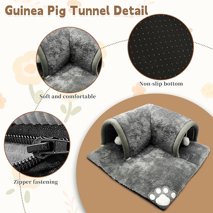 PINVNBY Guinea Pig Hideout Tunnel with Removable Base & 2 Liners and Washable Soft Rabbit Bed & Small Animal Tunnel Tube Cage Accessories for Chinchillas, Hamsters, Ferrets, Bunny（Grey）