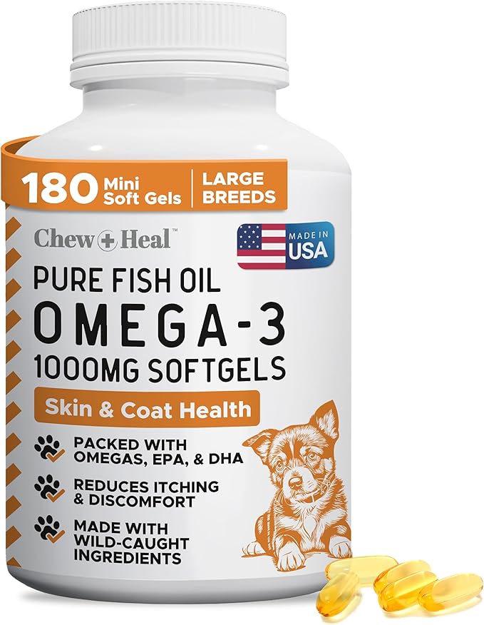 Wild Caught Omega 3 Fish Oil for Dogs - 180 Softgel Capsules for Healthy Skin and Coat - Large 1000 mg Dog Fish Oil Pills for Shedding, Dry Itching Skin, and Hot Spots - Pet Omega Salmon Supplement