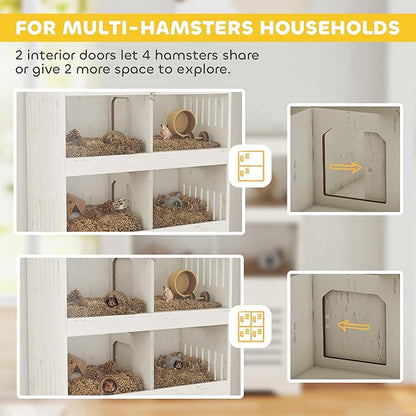 PawHut Large Hamster Cage for Multiple Small Pets, Rat Cage with Clear Acrylic Visual Panels, Sliding Doors, Flip Top, Storage Cabinet, for Syrian, Dwarf, Gerbil, Cream White