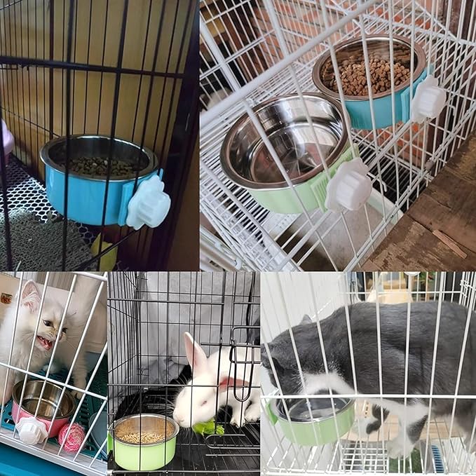 kathson Crate Dog Bowl, Removable Stainless Steel Hanging Pet Kennel Cage Bowl Food & Water Feeder Coop Cup for Puppy, Cat, Rabbit, Guinea Pigs Ferret Bird (2 PCS, Size: M, Blue and Green)