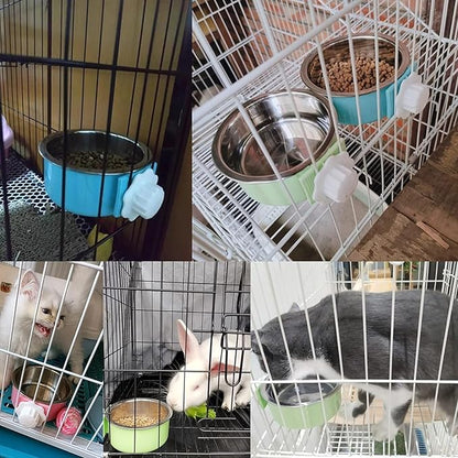 kathson Crate Dog Bowl, Removable Stainless Steel Hanging Pet Kennel Cage Bowl Food & Water Feeder Coop Cup for Puppy, Cat, Rabbit, Guinea Pigs Ferret Bird (2 PCS, Size: M, Blue and Green)