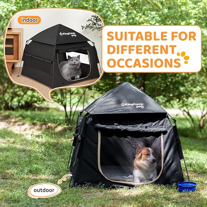 KingCamp Dog Tent, Large Portable Outdoor Indoor Dog House with 600D Oxford Fabric & Dual Layer for Medium Large Dogs, Black, 39.4" x 39.4" x 35.4"