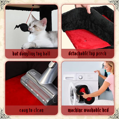 PEQULTI 45.7'' Gothic Cat Tree for Indoor Cats with Metal Frame Big Hammock, Cat Tower for Small or Medium Cats with Cat Condo House, with Scratching Posts and Top Perch, Black