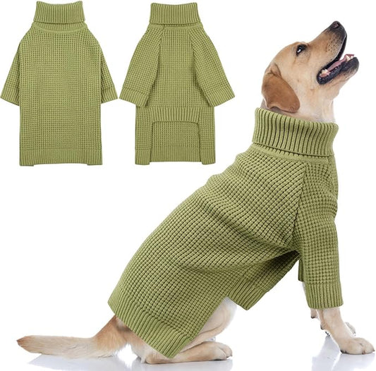 Queenmore Large Dog Sweater, Long Sleeve Dogs Sweater with Check Pattern, Fall Winter Warm Dog Sweaters for Large Breeds, Solid Pull-on Pet Sweaters, Green XL