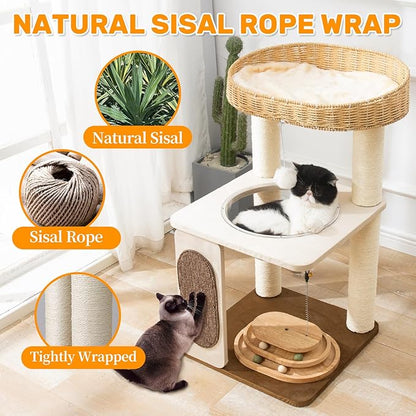 Modern Cat Tree for Indoor Cats with Sisal Rope Scratching Posts, Hand-Woven Cat Condo & Top Perch, Space Capsule Cats Nest, Cute Cat Tree with Interactive Cat Toy
