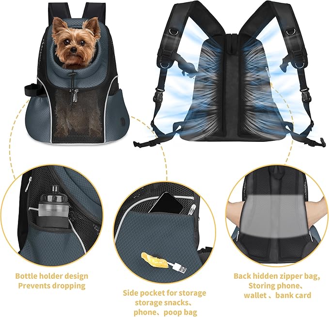WOYYHO Pet Dog Carrier Backpack Small Dog Front Backpack Ventilated Mesh Dog Travel Back Pack with Safety Belt for Travel Hiking Cycling Outdoor Adventures (Size M: 5-9 lbs, Dark Gray)