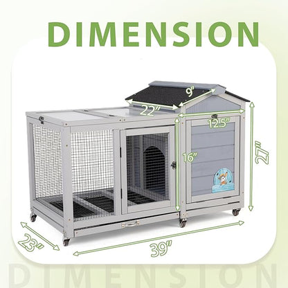 COZIWOW 39inches Fashion Wood Rabbit Hutch Indoor，Wide Space Small Animal Houses Habitats with Removable Tray&Safety Lock，Bunny Cage with Waterproof Roof&Solar Panels (Grey)