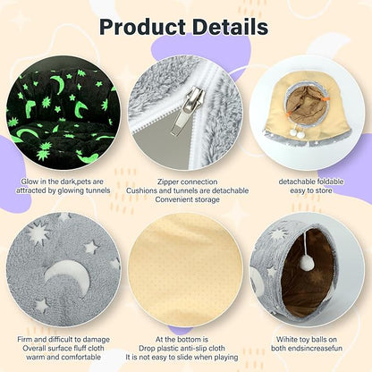 BWOGUE Bunny Tunnel Bed, 2-in-1 Collapsible Tunnel Tubes Toys with Removable Mat Hideout for Cats Kittens Rabbits Guinea Pigs Kitty