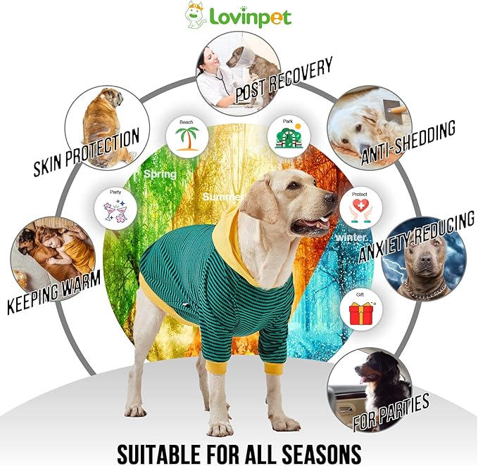 LovinPet Large Dog Pajamas, Cotton Green Stripe Dog Shirt, Pet Pajamas for Dogs, Onesies for Dogs, Stop Shedding for Dogs, Pitbull Shirt, Pet PJ's, M