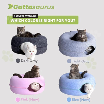 CATTASAURUS Peekaboo Cat Cave for Multiple & Large Cats Up to 30-45 Lbs, Scratch Detachable & Washable Tunnel Bed, Comfy Donut Cat Cave (Pink, Large)