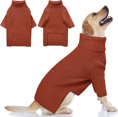 Queenmore Large Dog Sweater, Plaid Dog Sweaters for Large Dogs, Turtleneck Pet KintSweater with Check Pattern, Long Sleeve Holiday Pet Knitwear, Solid, Saddle Brown L