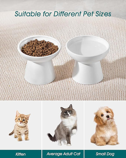 vancasso Elevated Cat Bowls 2-Pack, Ceramic Raised Cat Food and Water Dishes with 5.1" Height & 6.2" Wide Opening - Anti Vomit, Whisker Fatigue Relief for Senior Cats, Kittens and Small Dogs (White)