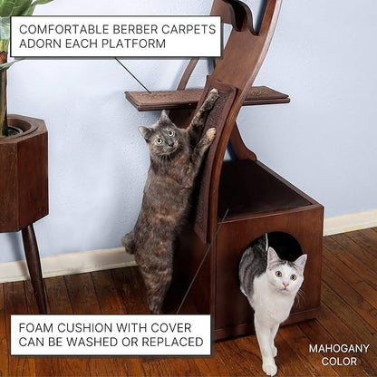 THE REFINED FELINE 69 Inch Tall Smoke Gray Lotus Cat Tower, Multi-Level Modern Cat Tree for Indoor Cats with Scratching Post, Climbing Cat Condo with Cushioned Cubby