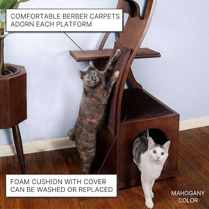 THE REFINED FELINE 69 Inch Tall Black Espresso Lotus Cat Tower, Multi-Level Modern Cat Tree for Indoor Cats with Scratching Post, Climbing Cat Condo with Cushioned Cubby