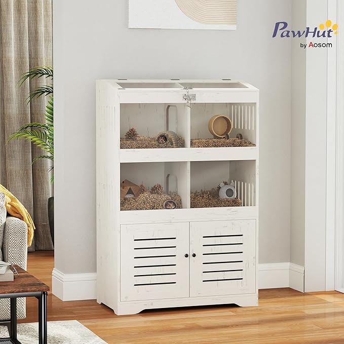 PawHut Large Hamster Cage for Multiple Small Pets, Rat Cage with Clear Acrylic Visual Panels, Sliding Doors, Flip Top, Storage Cabinet, for Syrian, Dwarf, Gerbil, Cream White