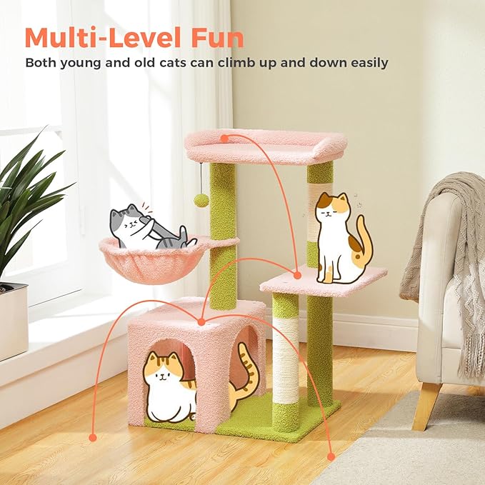 Pink Cat Tree for Indoor Cats with Metal Frame Carpet Hammock, 32" Cute Cat Tower with Cozy Condo, Top Perch, Scratching Posts, and Replaceable Ball Toy, Pet Furniture for Small Cats & Kittens