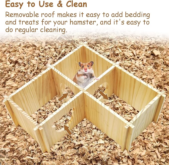 Fhiny Wooden Hamster House, Multi-Chamber Hamster Hideout & Tunnel Detachable Activity Room Exploring Toys Rats Habitat Decor for Dwarf Hamsters Gerbils Mice Lemmings (Small)