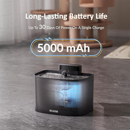 PET LAYSON Pumpless Cat Water Fountain,Smart Cordless Dog Fountains 3.6L/122oz with Maglev Valve Technology Wireless Rechargeable Battery Water Dispenser 8 Filters,2 Nozzles(White01, M1-8 Filter)