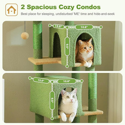 62" Cactus Cat Tree for Indoor Cats, Multi-Level Cat Tower with 2 Spacious Condos, Dual Top Perches, Scratching Pad, 4 Scratching Posts, 2 Pompoms, Green