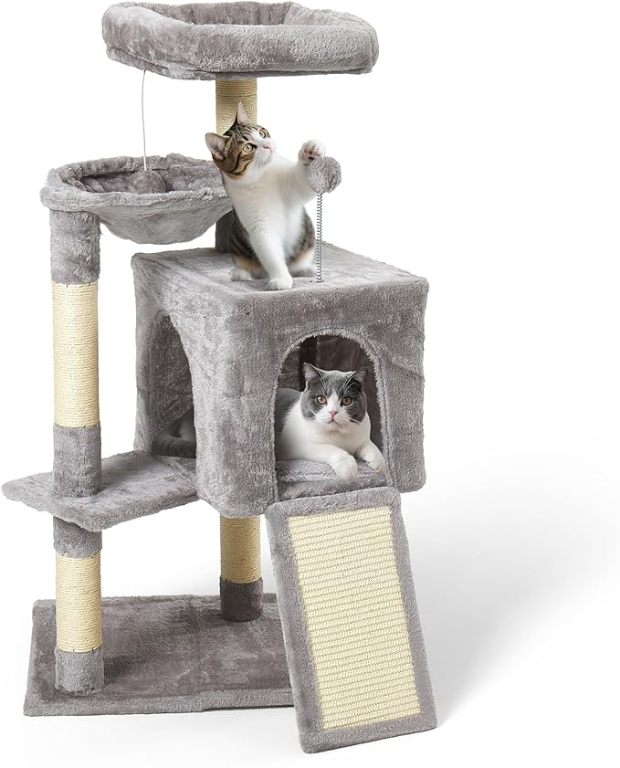 37-inch Cat Tree Tower with Multi-Level Cat Condo, Scratching Posts,2-Door Cat Cave,Light Grey