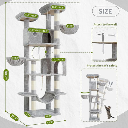80.7''(205cm) Cat Tree for Indoor Cats, Large Cat Tower for Multi Adult Cats, Cat Tree House with Big Hammock, 2 Top Perches/Cat Condos/Baskets, 8 Scratching Posts, Light Gray GCT034W