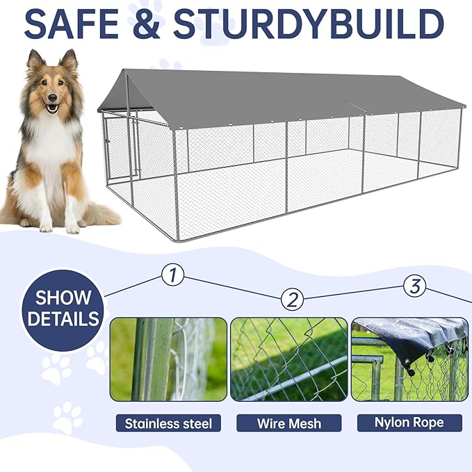 Outdoor Dog Enclosure Heavy Duty Dog Kennel House Mesh Dog Big Cage Pet Kennel Steel Fence with Secure Lock