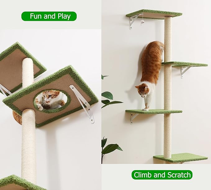 Tall Cat Scratching Posts,4 Tier Corner Cats Tree, Wall Mounted Kitten Tower,Carpeted Climbing Wall for Indoor Kitty Perching,Playing and Lookout(Green)