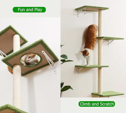 Tall Cat Scratching Posts,4 Tier Corner Cats Tree, Wall Mounted Kitten Tower,Carpeted Climbing Wall for Indoor Kitty Perching,Playing and Lookout(Green)