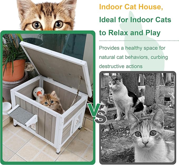 Outdoor Cat House for Feral Cats Weatherproof Cat Shelter Wooden Pet Small Houses Indoor Cat Condo with Escape Door & Openable Asphalt Roof to Enhanced Safety, Simple Assembly