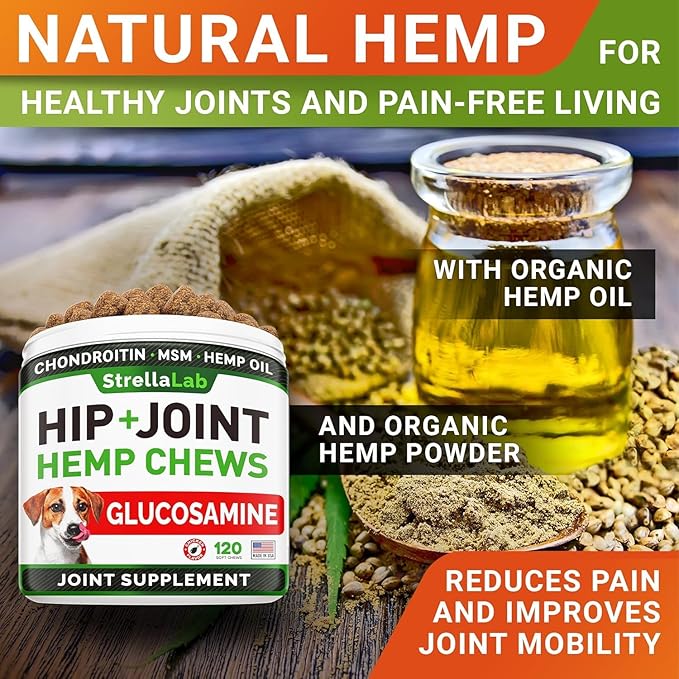 Advanced Hemp + Glucosamine Dog Joint Supplement - Hip Joint Pain Relief - Mobility Chews for Dogs - Chondroitin, MSM, Omega - Made in USA - Lamb Flavor - 120 Hemp Treats