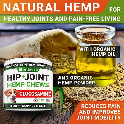 Advanced Hemp + Glucosamine Dog Joint Supplement - Hip Joint Pain Relief - Mobility Chews for Dogs - Chondroitin, MSM, Omega - Made in USA - Lamb Flavor - 120 Hemp Treats