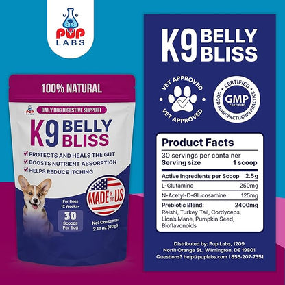 K9 Belly Bliss, All-Natural Gut Health for Dogs, Vet Approved Prebiotic for Dogs for Daily Digestive Support & Dog Constipation Relief, Topper for Dry & Wet Food, 3 Pack with 30 Scoops Each.