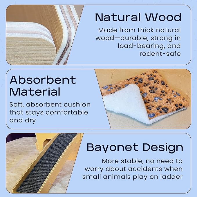 Guinea Pig Wooden Hideout with Built-in Feeder, Screw-Assembled Natural Wood Castle with Absorbent Fleece Mat, Ramp & Accessories, Cozy Safe Hideaway for Small Pets to Rest, Play & Explore