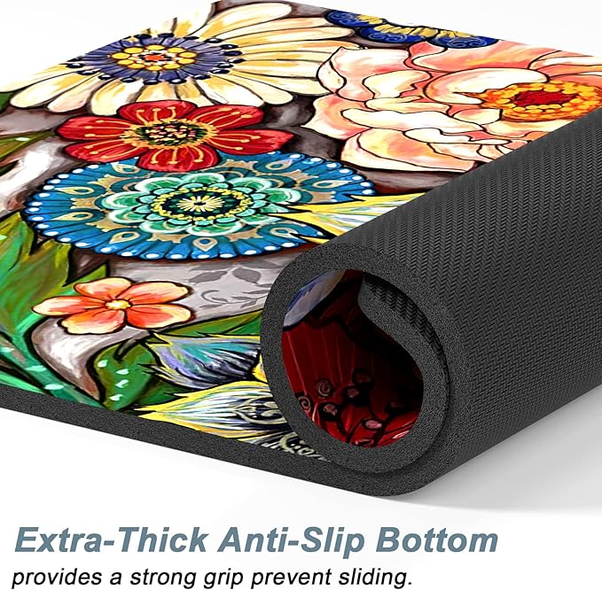 Rnivvi Dog Food Mat, 12" x 19" Flower Absorbent Dog Cat Bowl Mat for Food and Water, Cute Anti-Slip Rubber Pet Feeding Rug Protect Floors, Puppy Placemat for Feeding & Watering Supplies,Mandala Floral