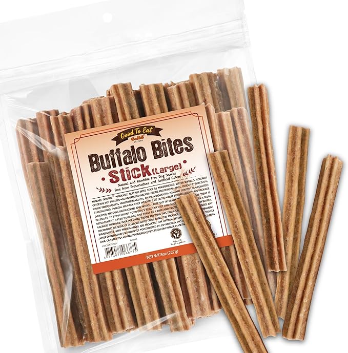 Gootoe Buffalo Dog Treats, Buffalo Bites Stick (Large) 8oz - Natural Low-Fat Chews for Training & Rewards, Limited Ingredient, Perfect for Medium Dogs, Resealable Bag